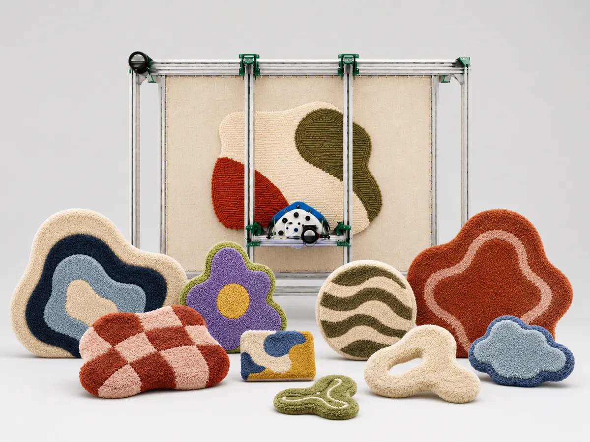 Colección de alfombras tufting de Wafore de distintas formas y colores frente a la máquina.