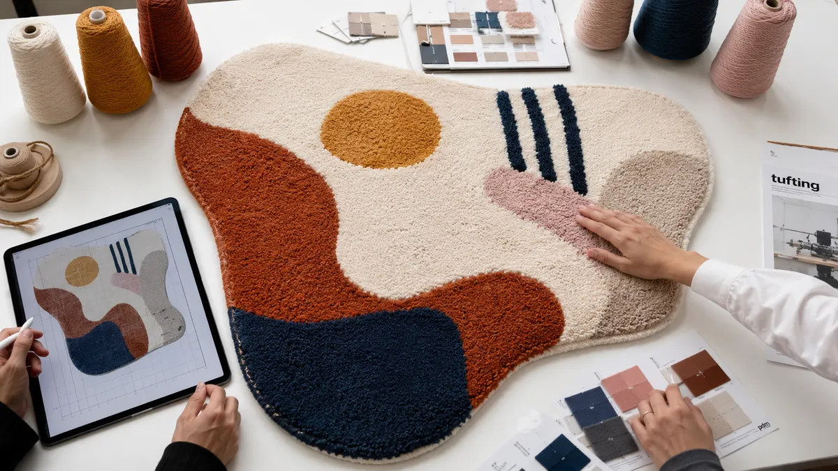 Diseño de una alfombra en una tablet junto a muestras de color y conos de lana.